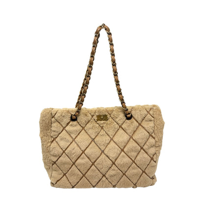 CHANEL Vintage CC Logo Fur Chain Shoulder Bag Beige Brown Leather 800811
