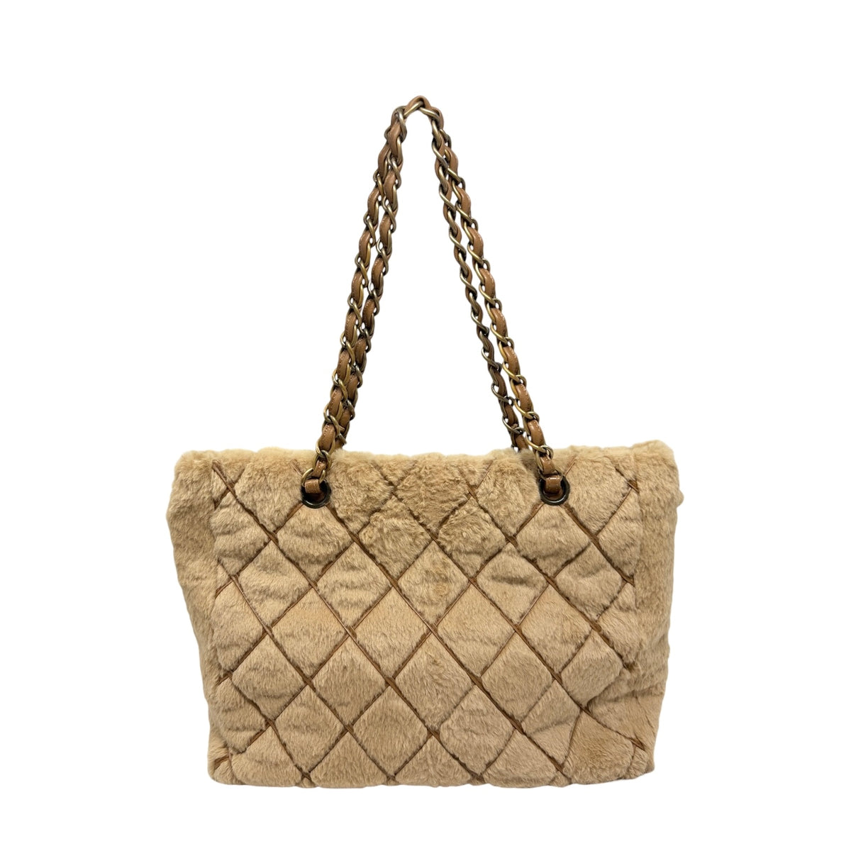 CHANEL Vintage CC Logo Fur Chain Shoulder Bag Beige Brown Leather 800811