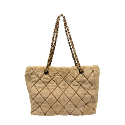 CHANEL Vintage CC Logo Fur Chain Shoulder Bag Beige Brown Leather 800811