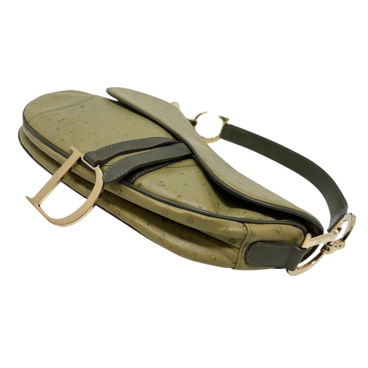 [Exclusive] Christian Dior Vintage Saddle Bag Green Gold Leather 800110