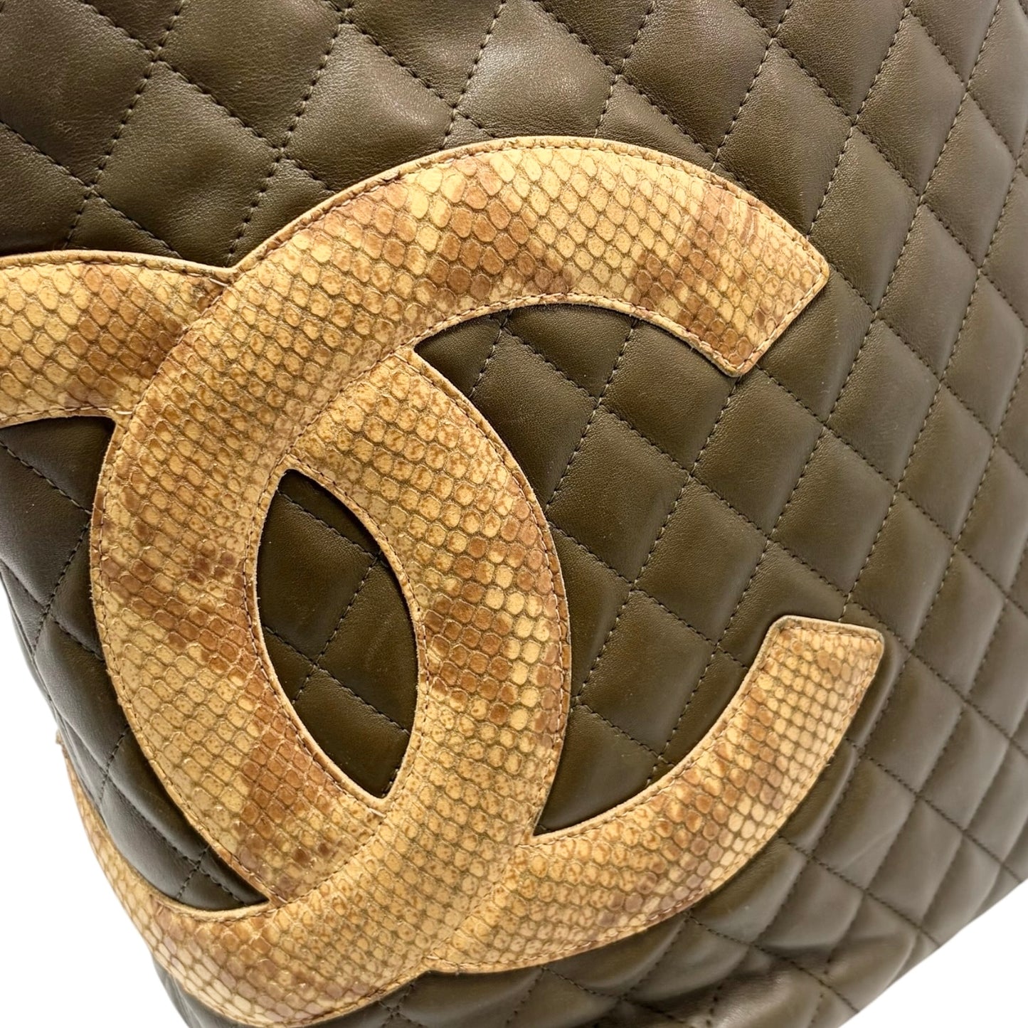 【Exclusive】CHANEL Vintage Cambon Line CC Logo Python Shoulder Tote Bag Khaki Beige 800207