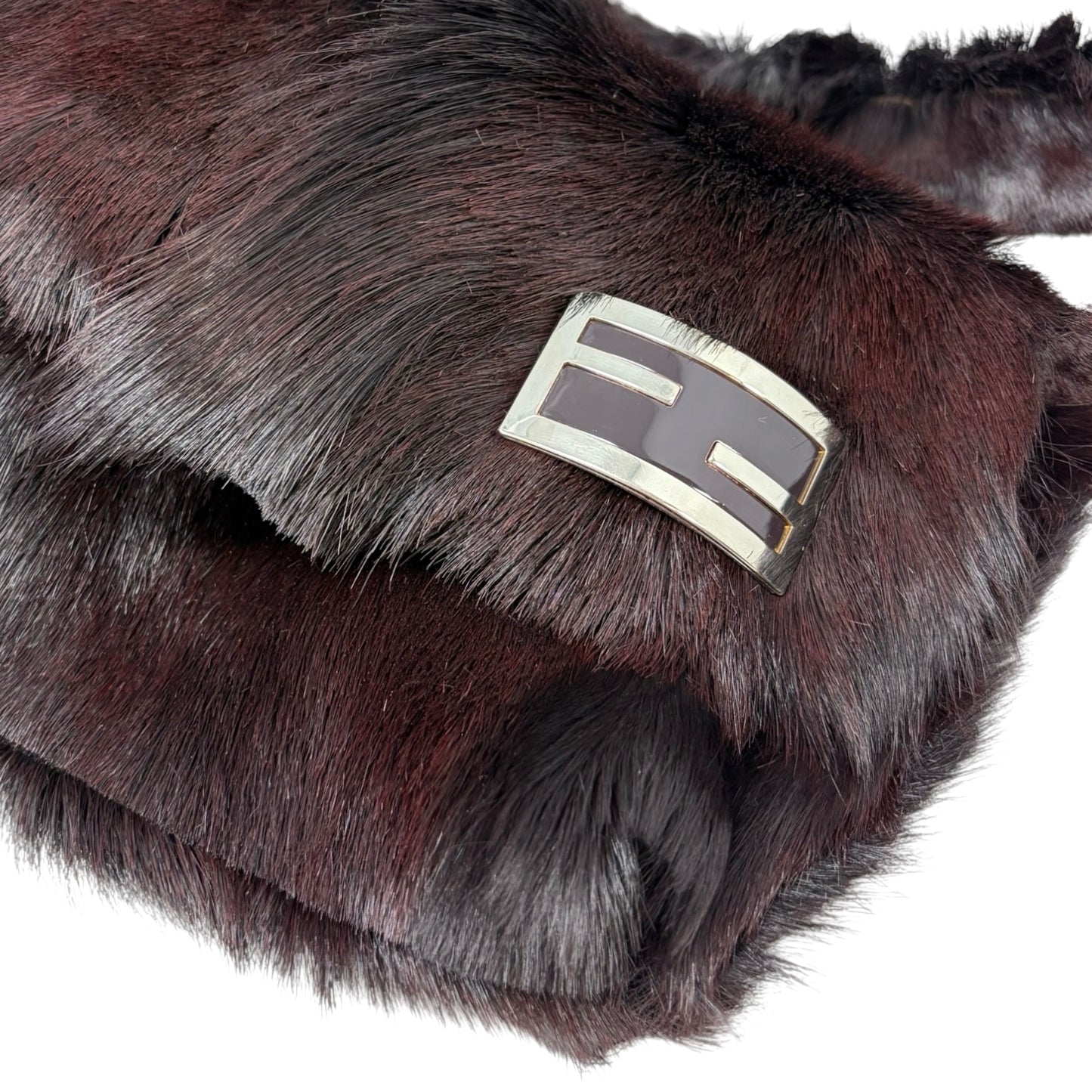 【Exclusive】FENDI Vintage FF Logo Mamma Baguette Fur Shoulder Bag Brown Silver 800205