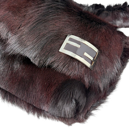 [Exclusive] FENDI Vintage FF Logo Mamma Baguette Fur Shoulder Bag Brown Silver 800205