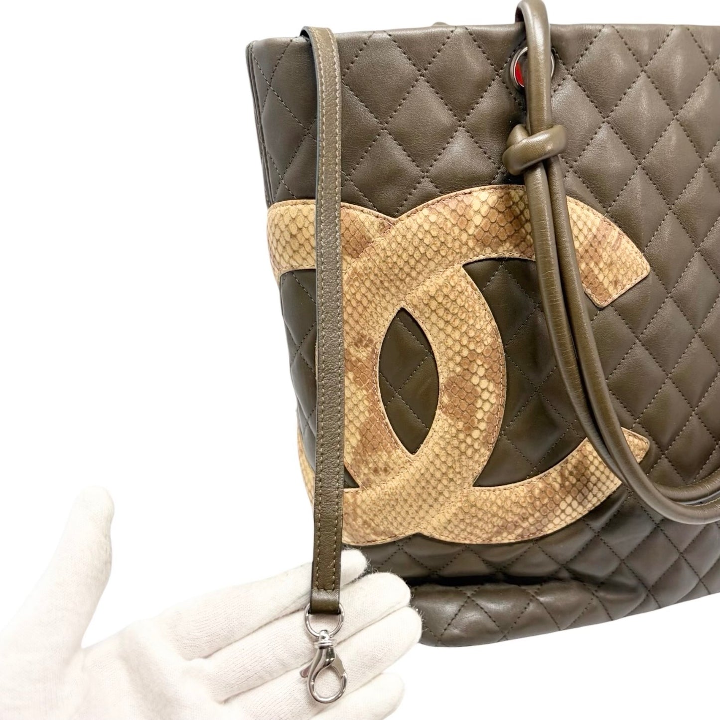 【Exclusive】CHANEL Vintage Cambon Line CC Logo Python Shoulder Tote Bag Khaki Beige 800207