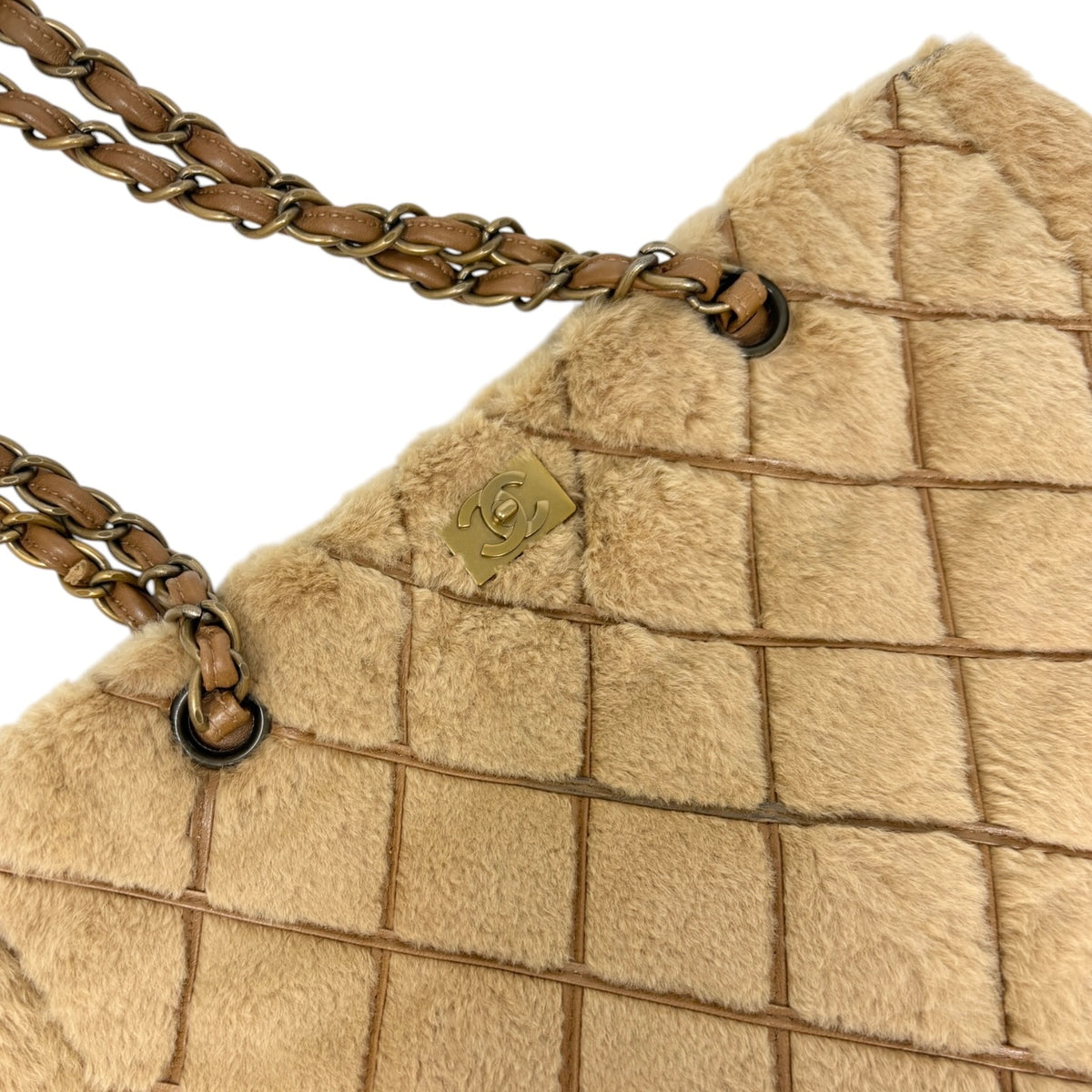 CHANEL Vintage CC Logo Fur Chain Shoulder Bag Beige Brown Leather 800811