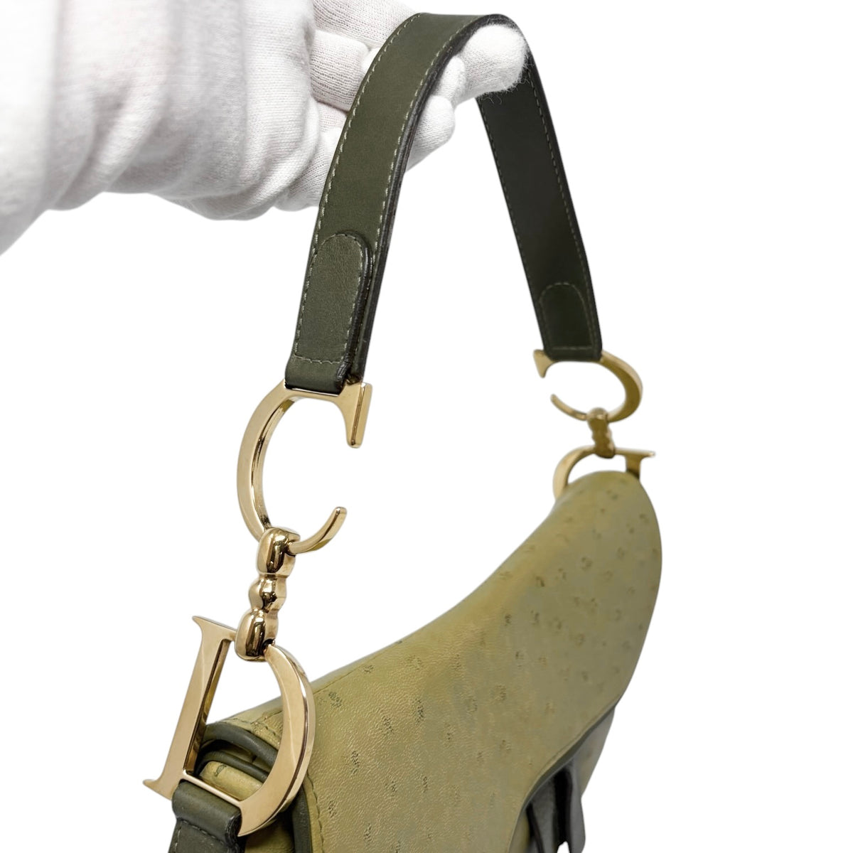 [Exclusive] Christian Dior Vintage Saddle Bag Green Gold Leather 800110