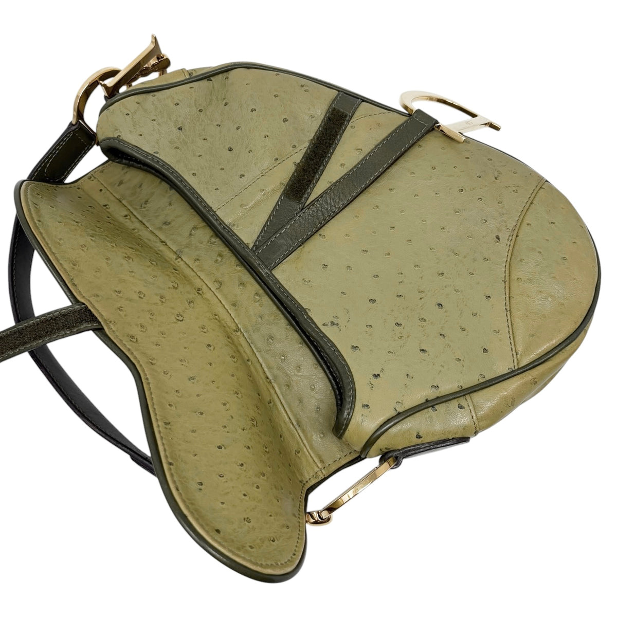 [Exclusive] Christian Dior Vintage Saddle Bag Green Gold Leather 800110