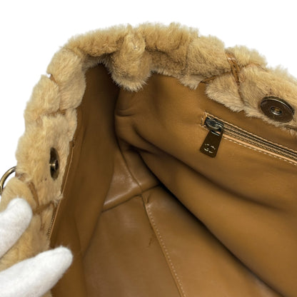 CHANEL Vintage CC Logo Fur Chain Shoulder Bag Beige Brown Leather 800811