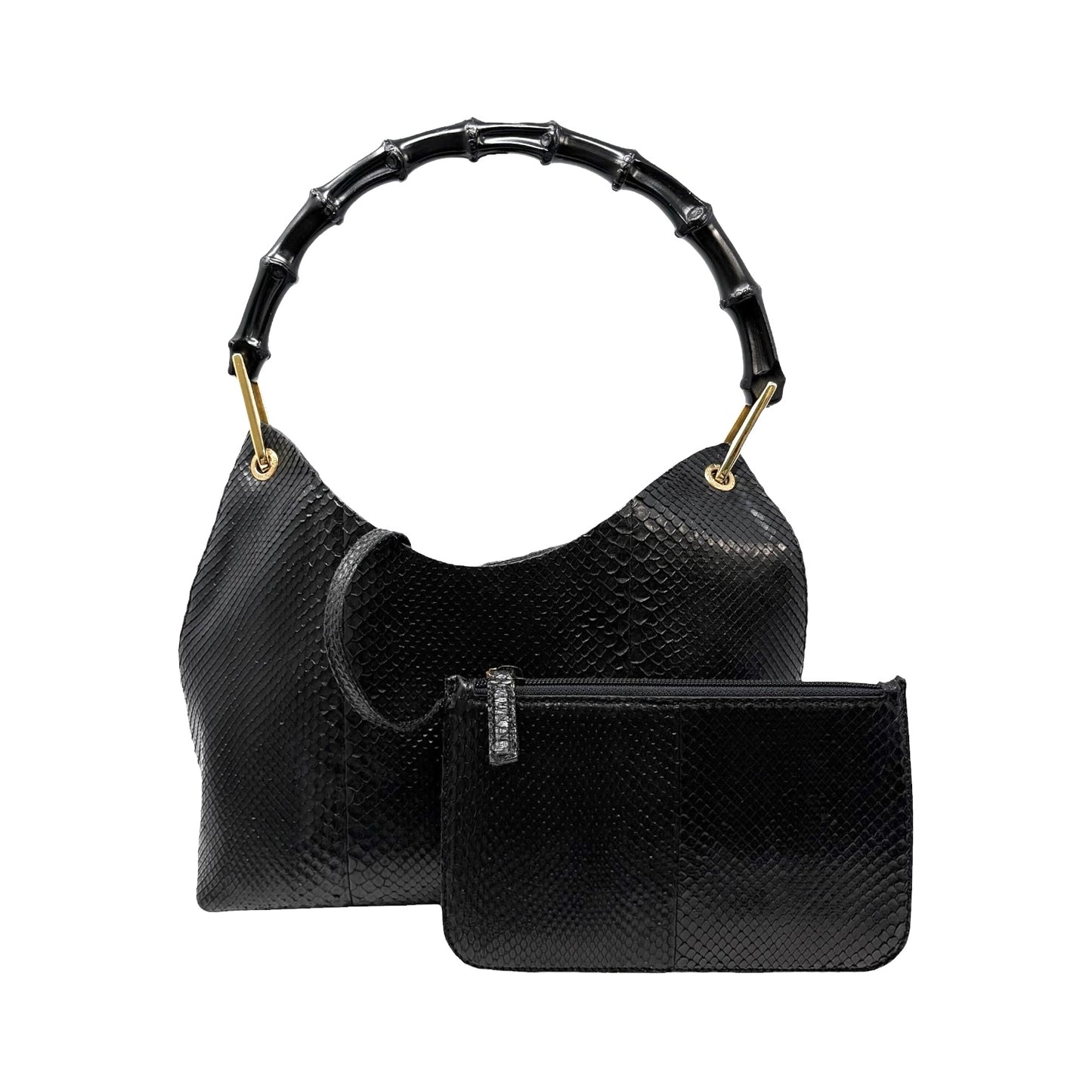 【Exclusive】GUCCI Vintage Logo Bamboo Python Shoulder Bag Black Gold Leather Pouch 800206