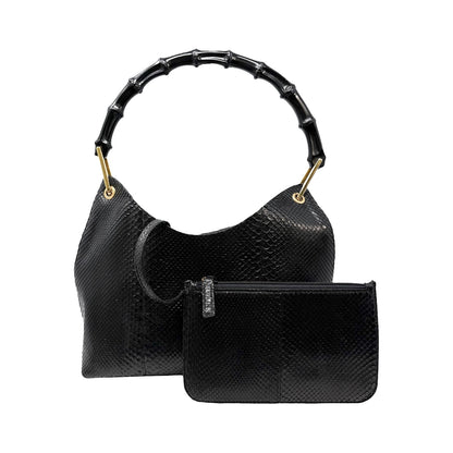 [Exclusive] GUCCI Vintage Logo Bamboo Python Shoulder Bag Black Gold Leather Pouch 800206