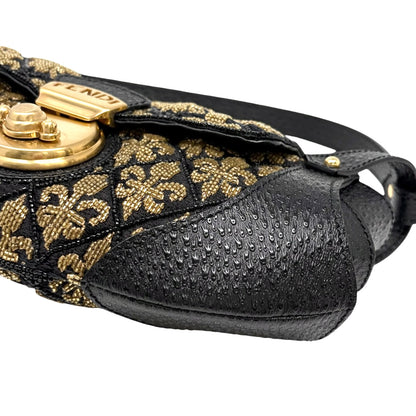 [Exclusive] FENDI Vintage FF Logo Jacquard Embroidered Shoulder Bag Black 800809