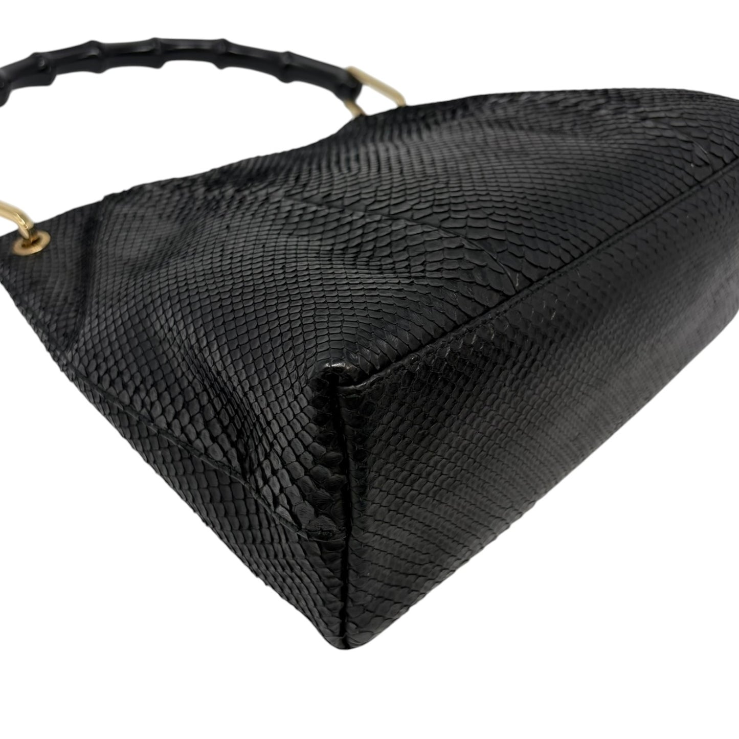 【Exclusive】GUCCI Vintage Logo Bamboo Python Shoulder Bag Black Gold Leather Pouch 800206