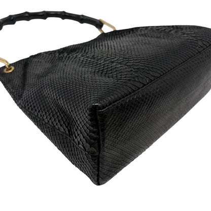 [Exclusive] GUCCI Vintage Logo Bamboo Python Shoulder Bag Black Gold Leather Pouch 800206