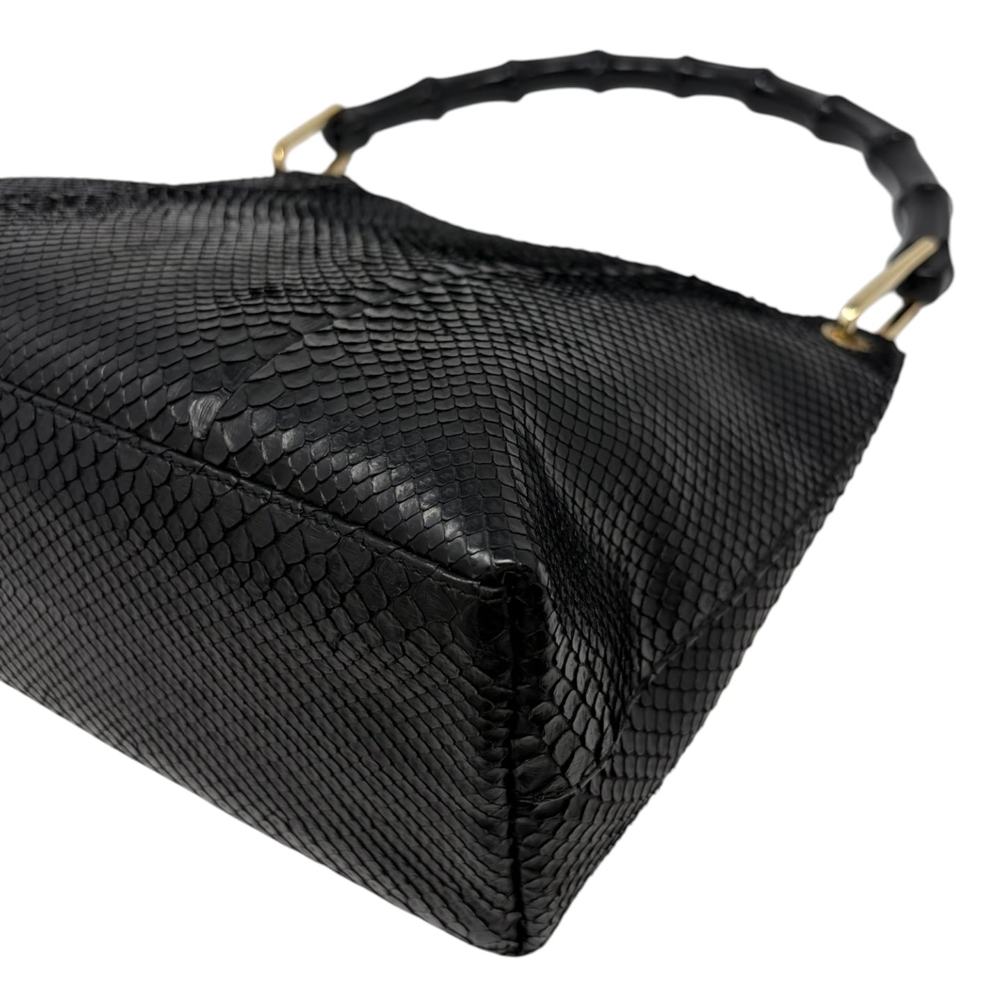 【Exclusive】GUCCI Vintage Logo Bamboo Python Shoulder Bag Black Gold Leather Pouch 800206