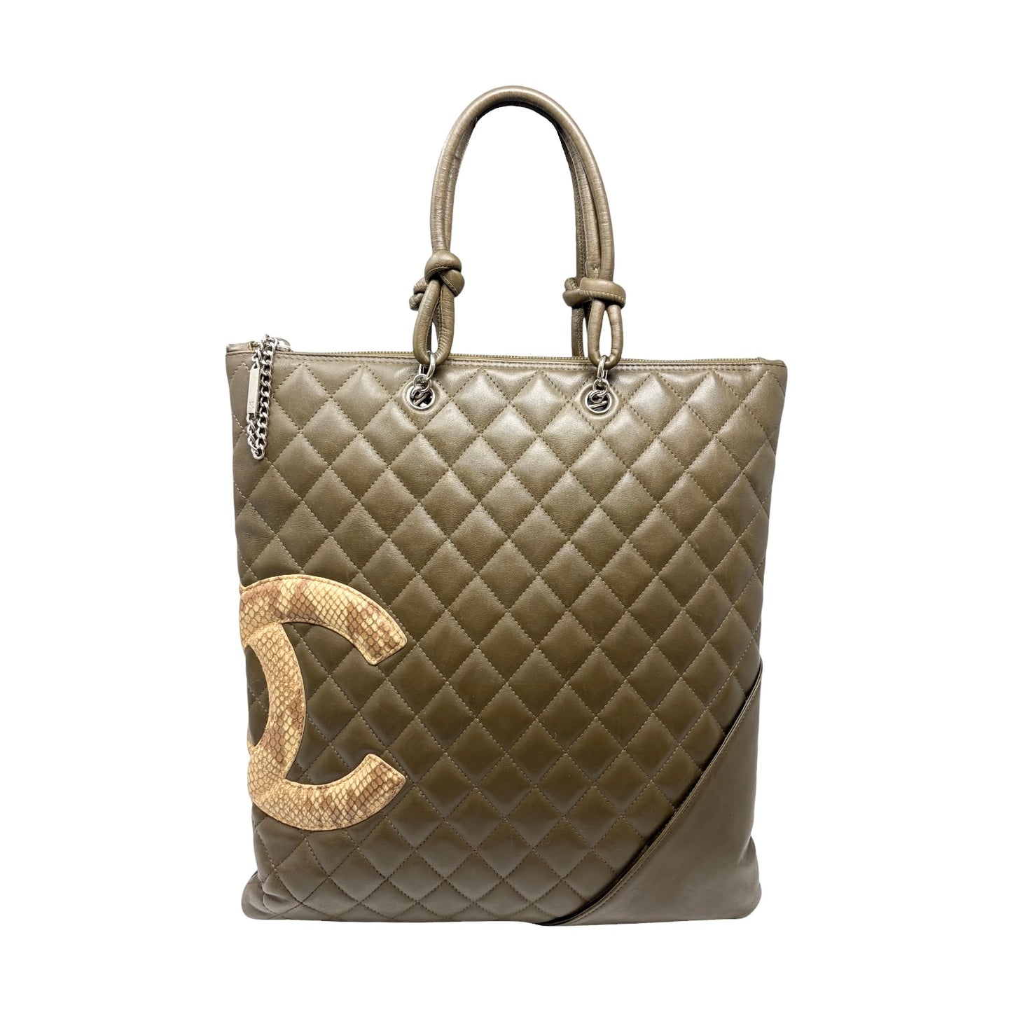 【Exclusive】CHANEL Cambon CC Logo Quilted Tote Bag Khaki Beige Leather 800810
