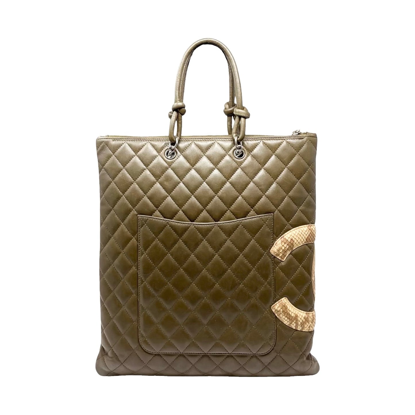 【Exclusive】CHANEL Cambon CC Logo Quilted Tote Bag Khaki Beige Leather 800810