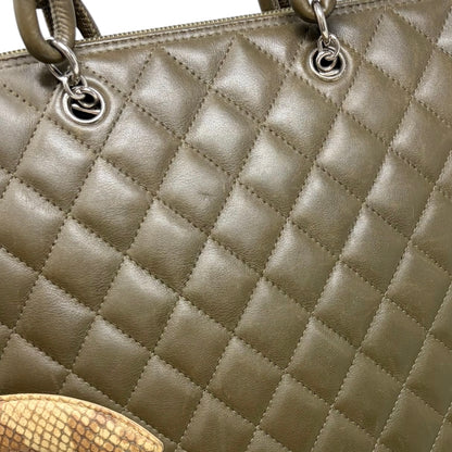 [Exclusive] CHANEL Cambon CC Logo Quilted Tote Bag Khaki Beige Leather 800810