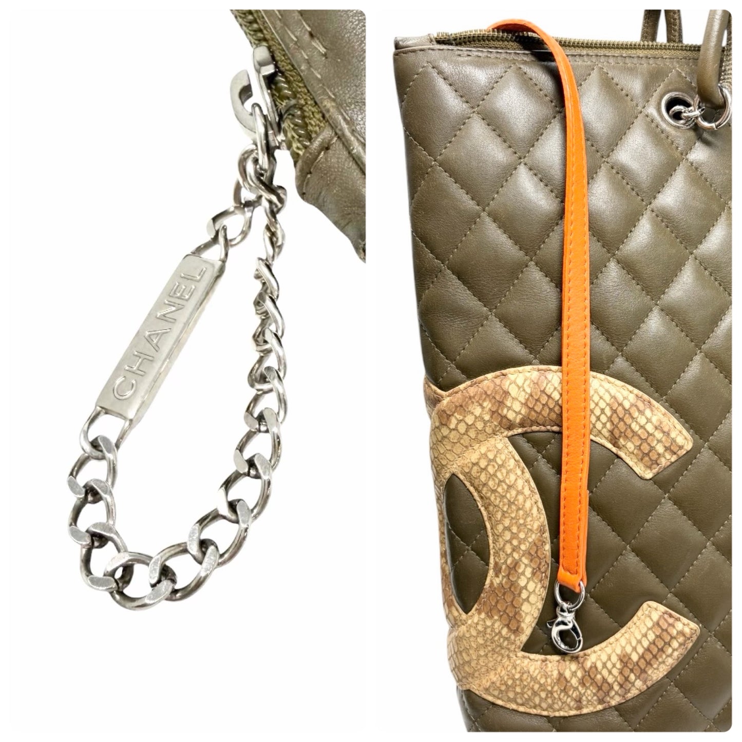 【Exclusive】CHANEL Cambon CC Logo Quilted Tote Bag Khaki Beige Leather 800810
