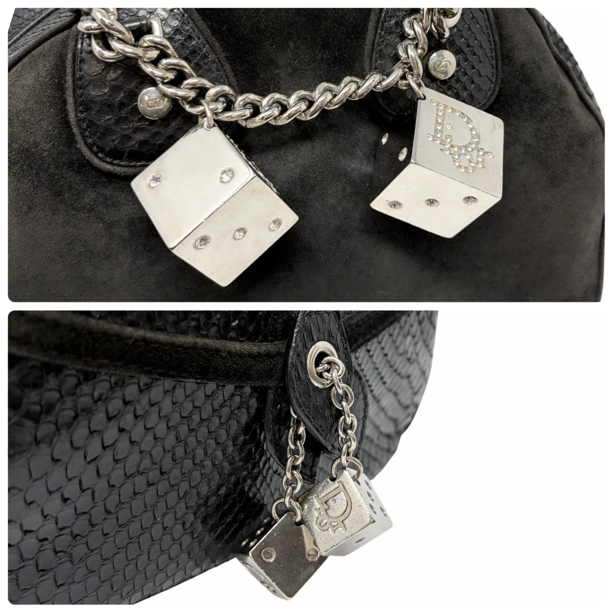 [Exclusive] Dior Vintage Logo Gambler Dice Charm Chain Bag Black Suede 800108