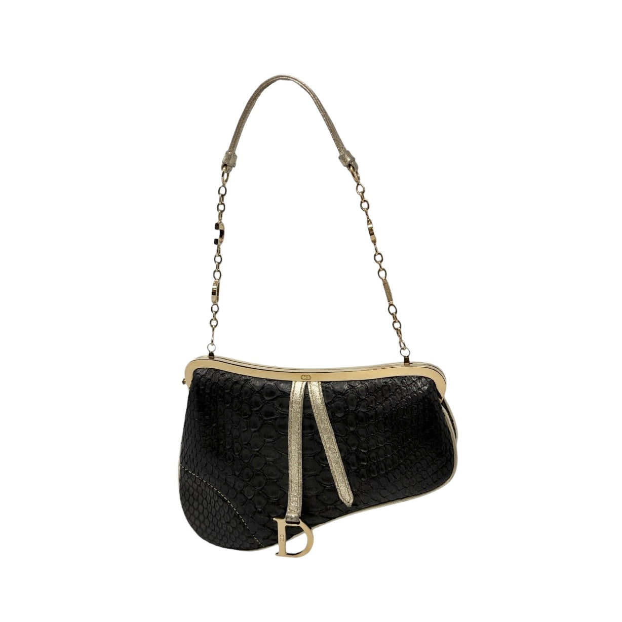 [Exclusive] Christian Dior Vintage Mini Saddle Chain Bag Black Gold 800294