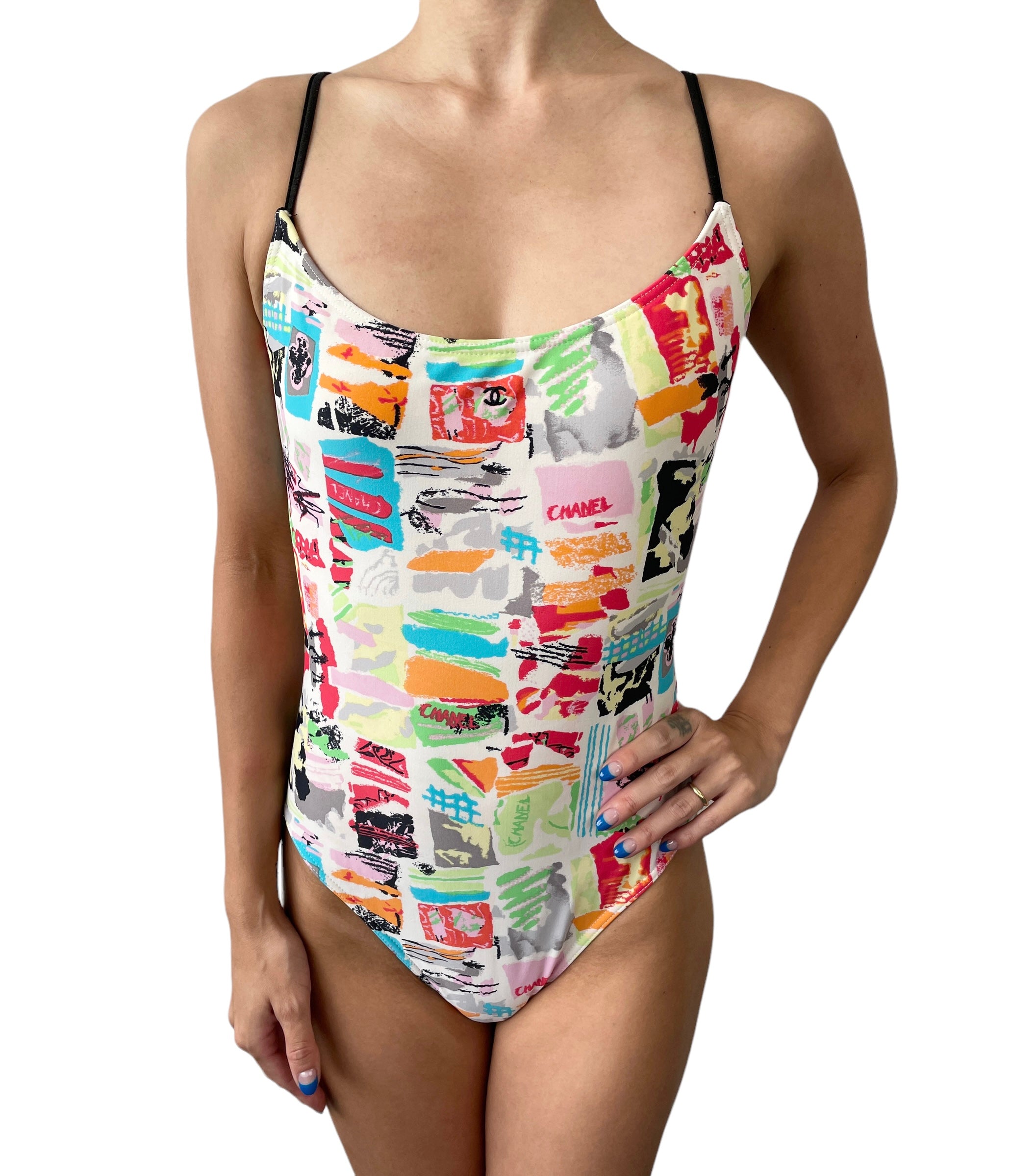 CHANEL Vintage CC Mark Swimsuit Bodysuit One Piece #38 Nylon Multicolor RankAB
