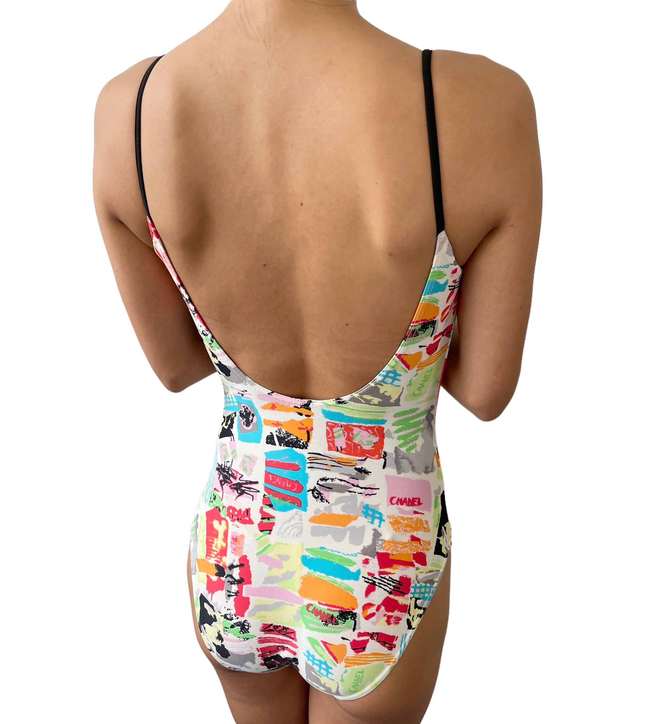 CHANEL Vintage CC Mark Swimsuit Bodysuit One Piece #38 Nylon Multicolor RankAB