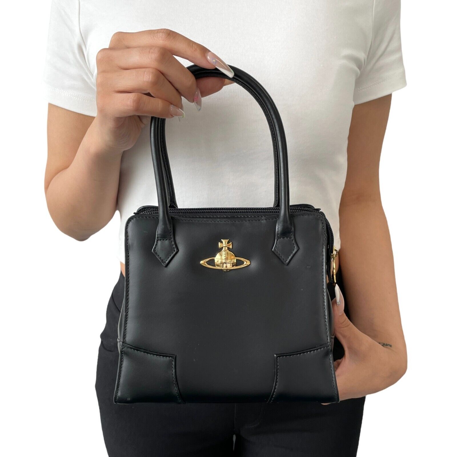 Vivienne Westwood Vintage Orb Logo Mini Bag Zip Black Gold Leather Rank AB