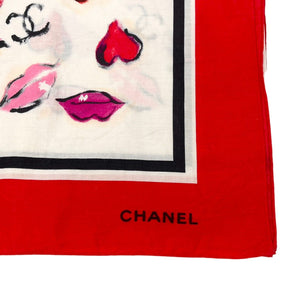 CHANEL Vintage CC Mark Wrap Pareo Big Scarf Lip Print Red Pink Cotton Rank AB+