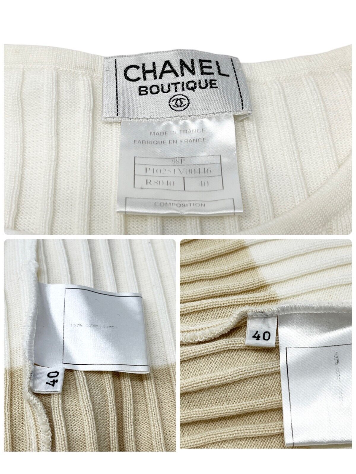 CHANEL Vintage 98P CC Logo Summer Knit Rib Tank Top #40 Beige White RankAB