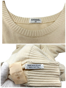CHANEL Vintage Sweater Top Pullover Clover Button Cotton Ivory Pocket RankAB