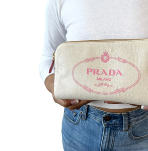 PRADA Vintage Big Logo MISTOLINO Wristlet Bag Pouch Cream Pink Canvas Rank AB