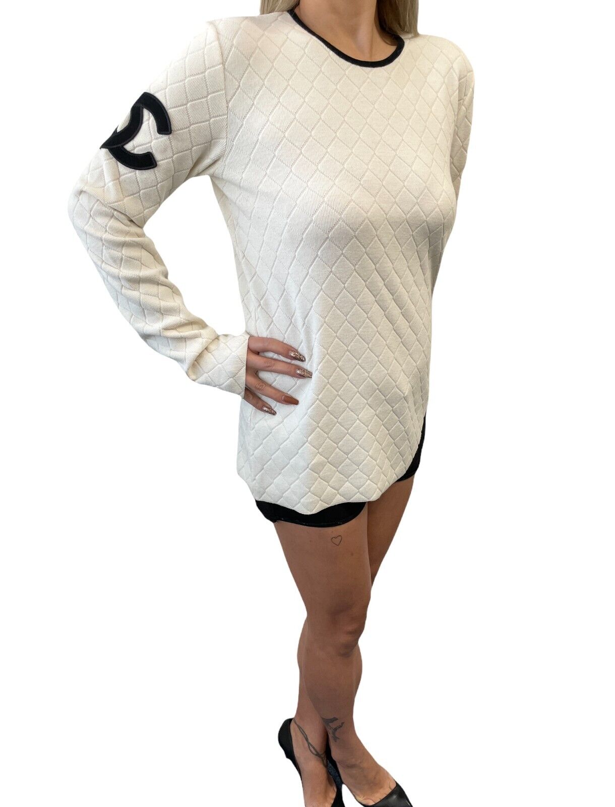 CHANEL Vintage 05A Cambon Line Knit Sweater #38 Top Coco Mark Ivory Rank AB