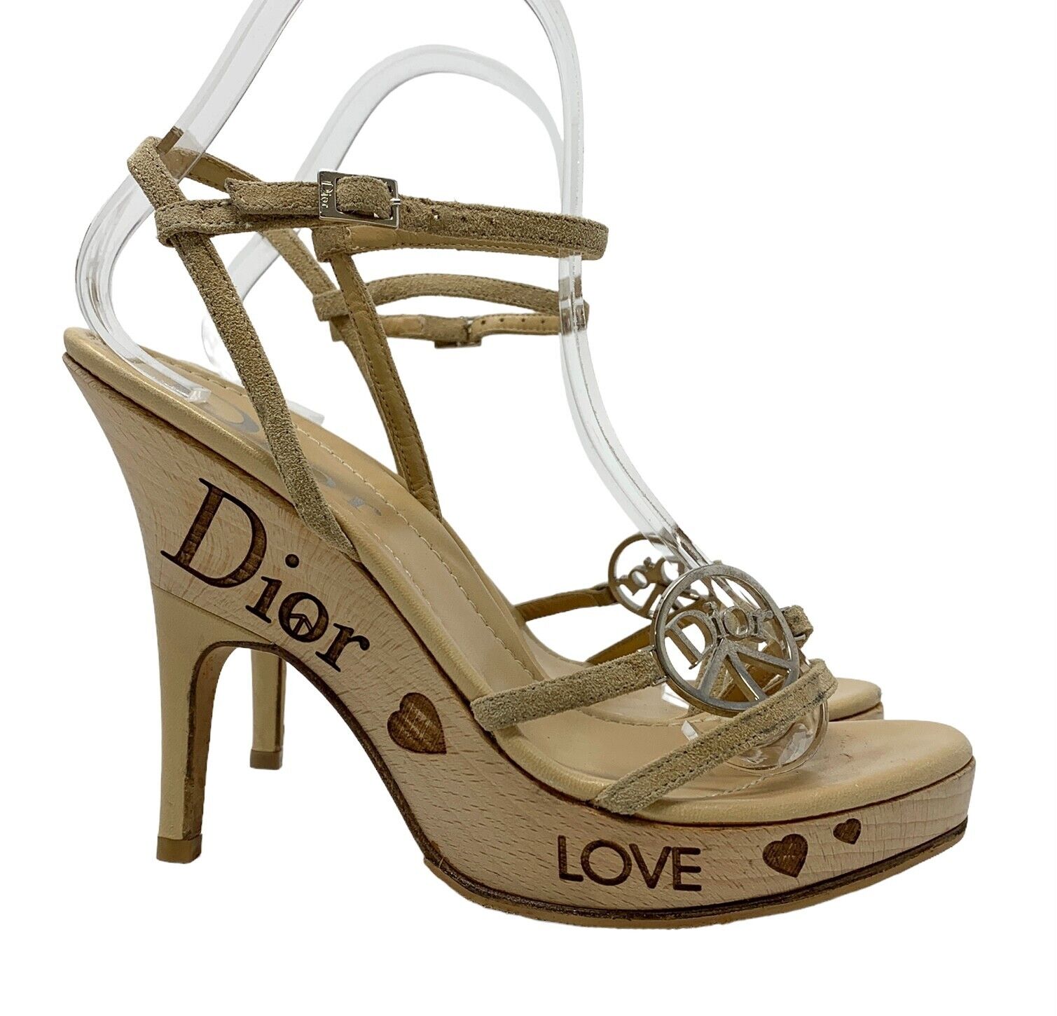 Dior Vintage Logo Strap Sandals #37 US 6.5 Heels Beige Suede Wood Rank AB