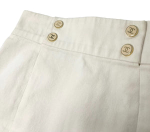 CHANEL Vintage Coco Mark Logo Skirt Snap Zip White Blue Cotton Rank AB