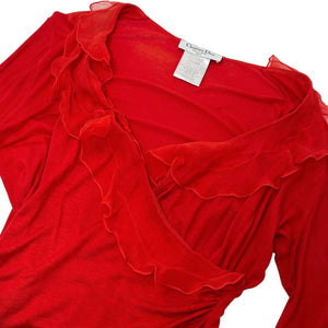 Christian Dior Vintage Frill Top Pullover #44 Long Sleeve Red Silk Rank AB+