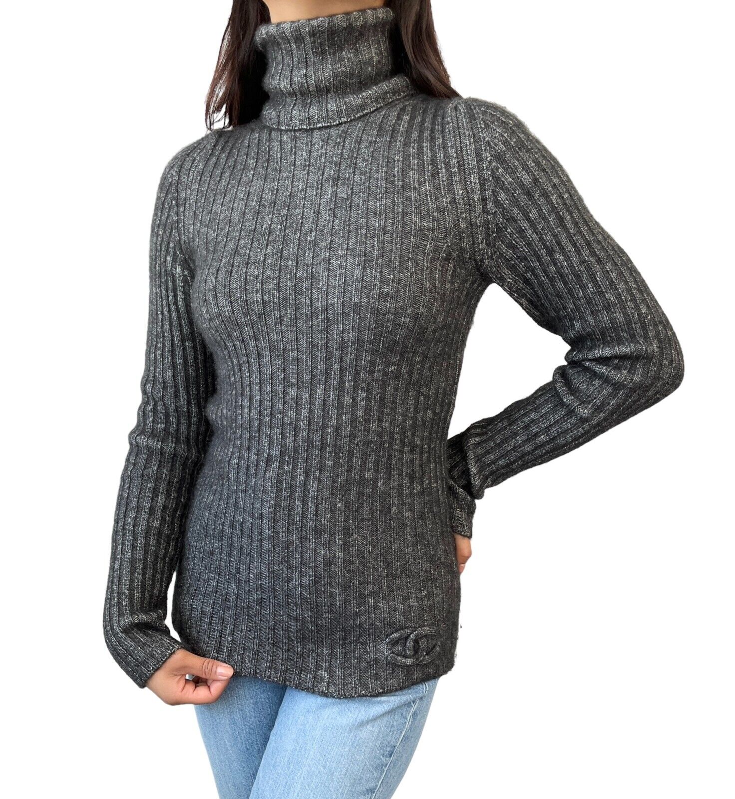 CHANEL Vintage P44578 CC Mark Turtleneck Sweater Top #36 Gray Cashmere RankAB+