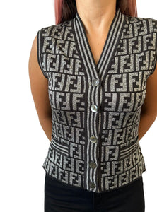 FENDI Vintage Zucca Monogram Logo Knit Vest Top #40 Brown Gray Cotton Rank AB+