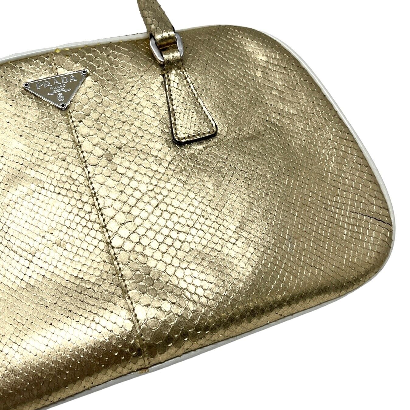 PRADA Vintage Logo Mini Top Handle Bag Metallic Gold Silver Leather Zip RankAB