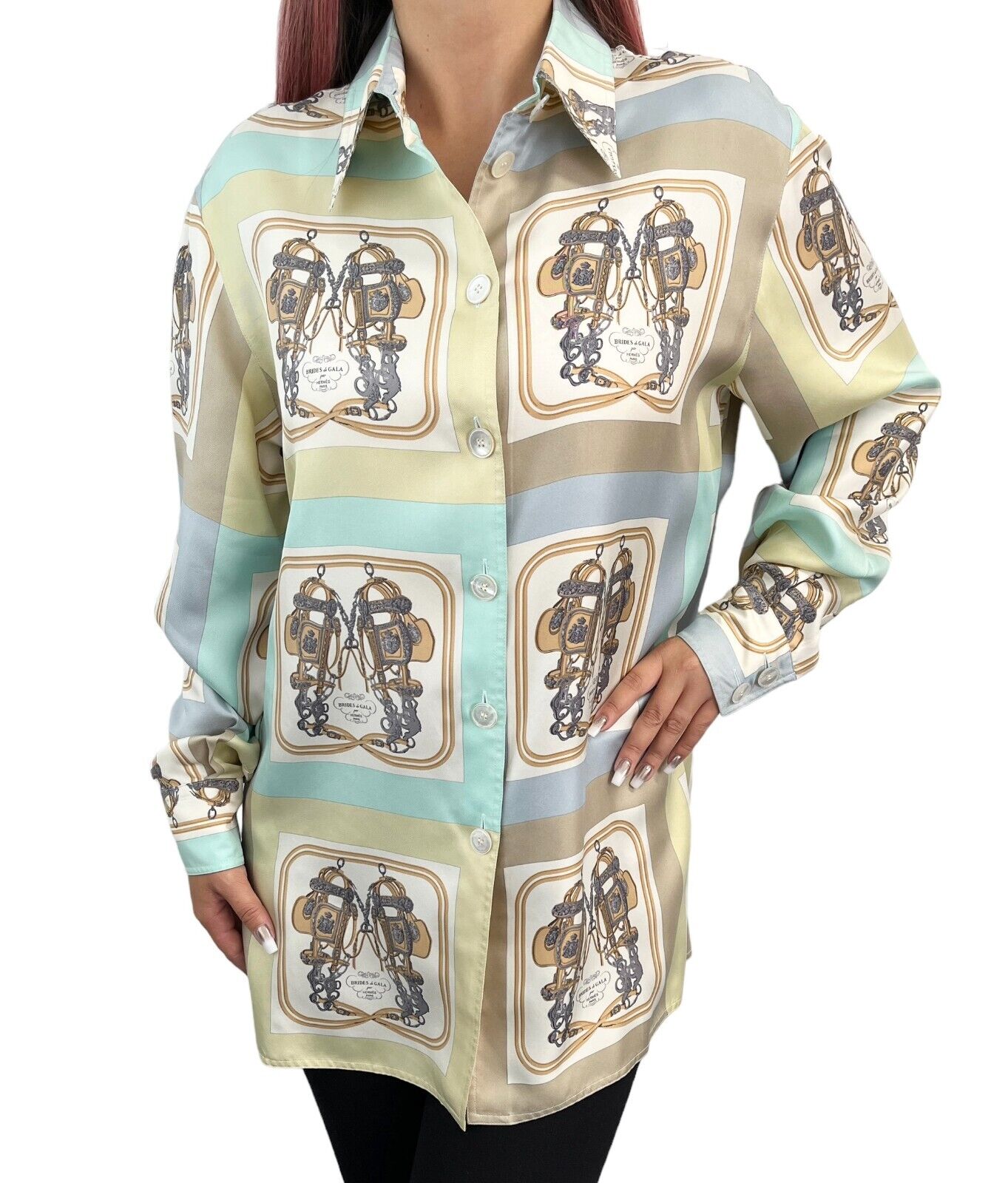 HERMES Vintage Logo Buuton-up Shirt #38 Blouse Multicolor Button Silk RankAB