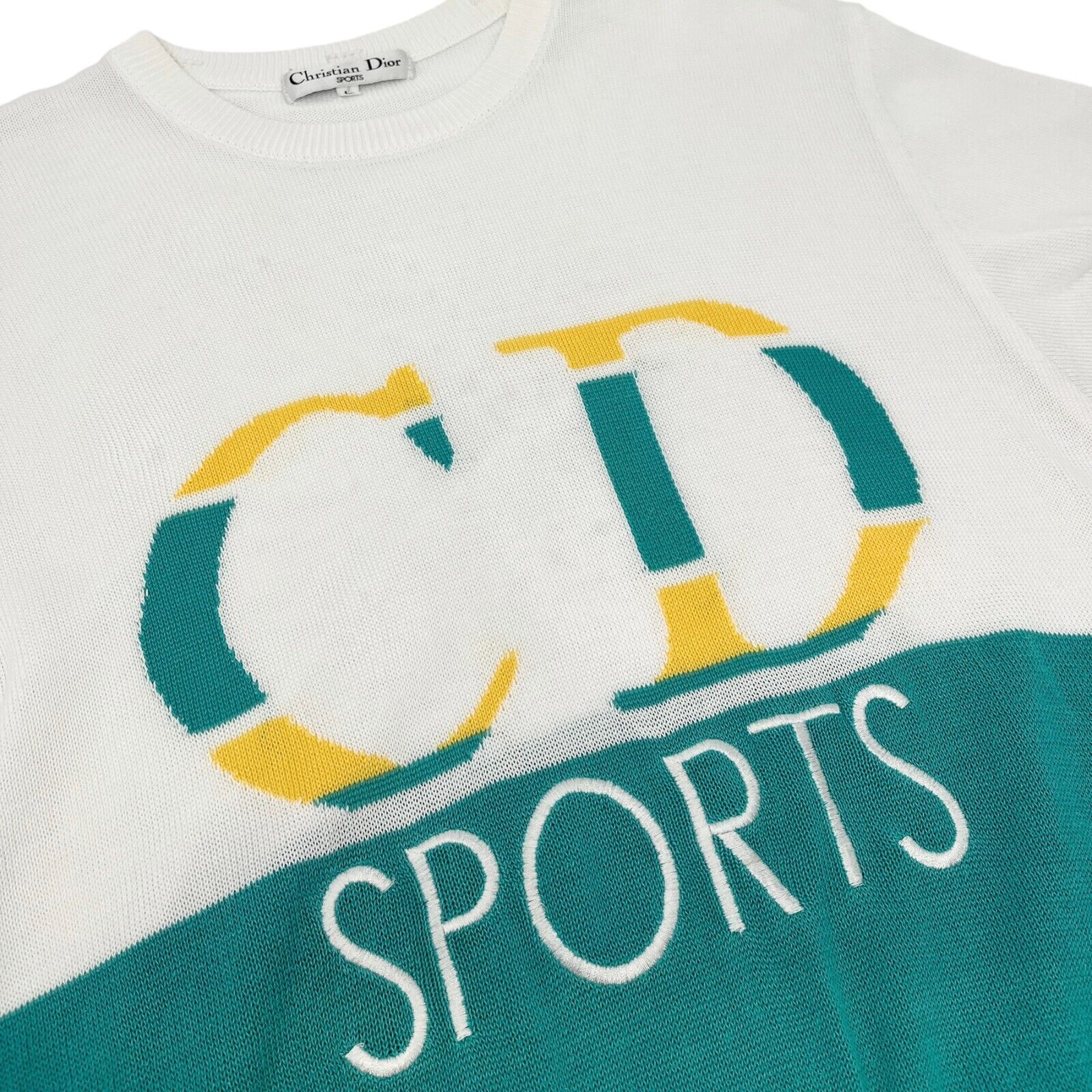 Christian Dior Sports Vintage Big Logo Knit Top #L White Green Cotton Rank AB