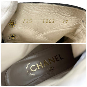 CHANEL Vintage Coco Mark Logo Boots #37 US6.5 Black Gold Calf Hair Tie RankAB