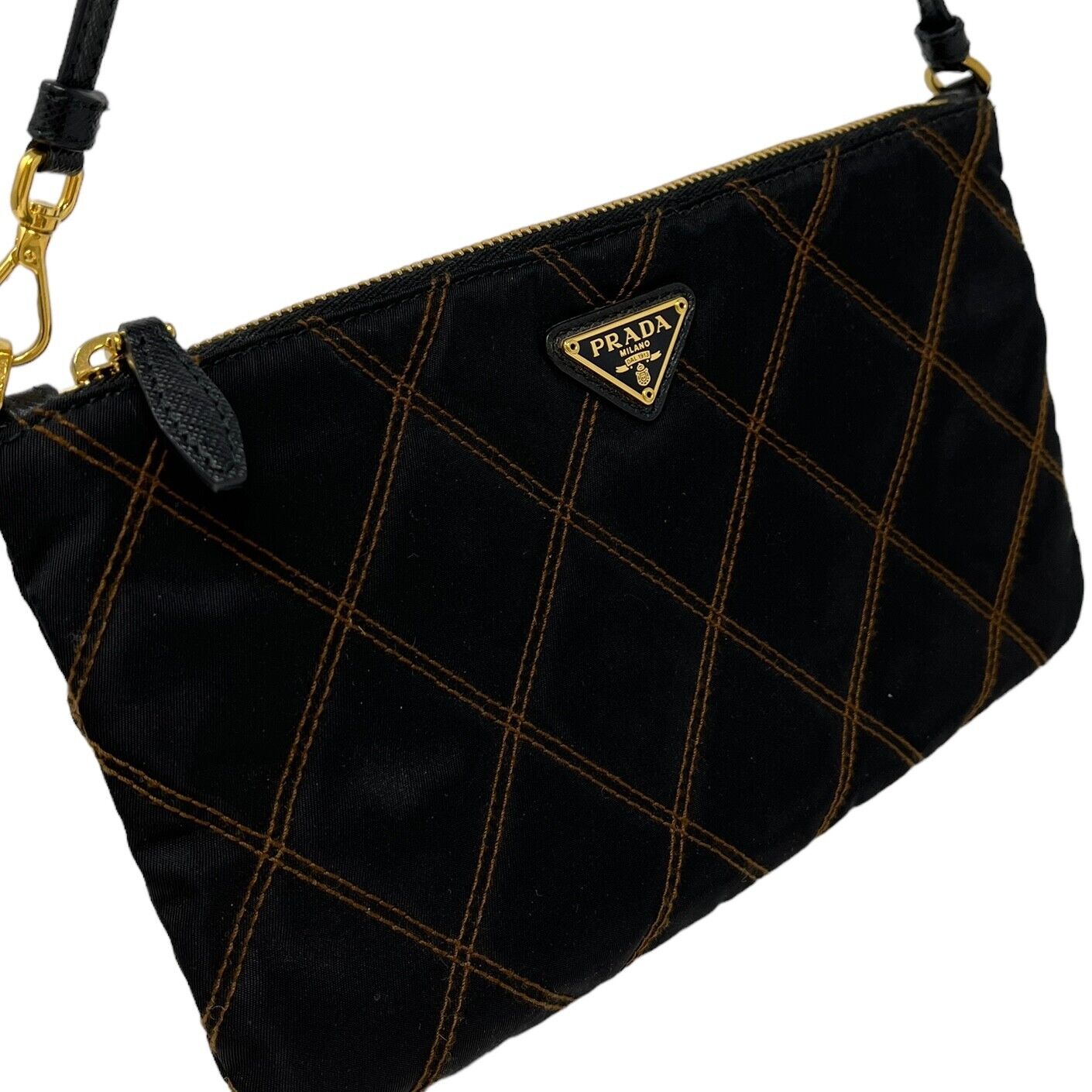 PRADA Vintage Logo Quilting Pochette Mini Bag Black Brown Nylon Rank AB+