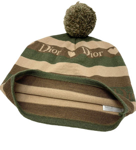 Christian Dior Vintage Logo Knit Beanie Hat Striped Accessory Khaki Wool RankA