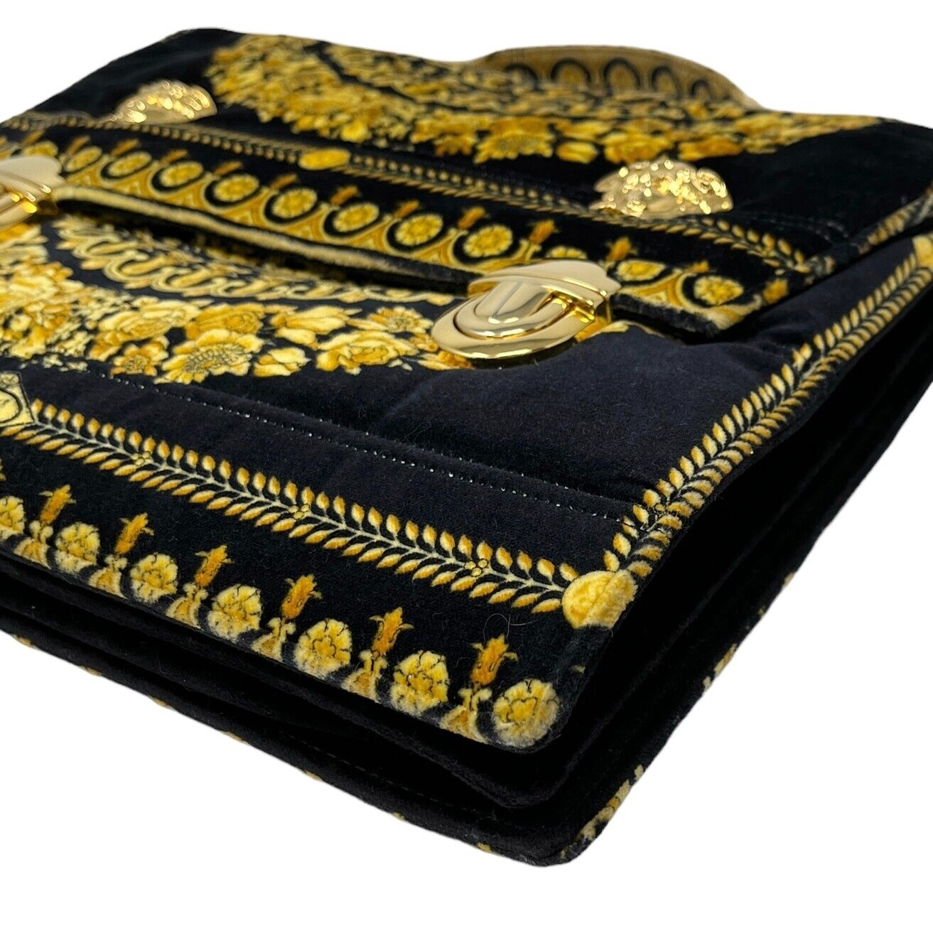 GIANNI VERSACE Vintage Medusa Logo Top Handle Bag Black Gold Velour Rank AB