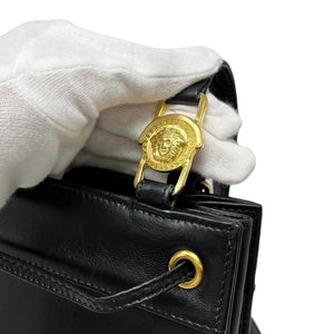 GIANNI VERSACE Vintage Medusa Logo Shoulder Bag Black Gold Leather Rank AB