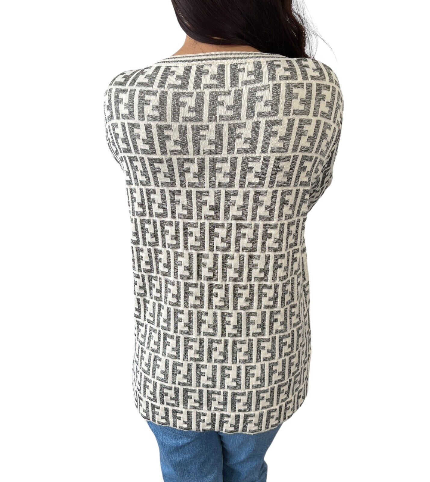 FENDI Vintage Zucca Monogram Sweater Pullover Cotton Rayon Cream Gray Rank AB
