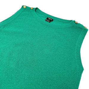 CHANEL Vintage Logo Coco Mark Sleeveless Top Sweater Green Gold Cashmere RankAB