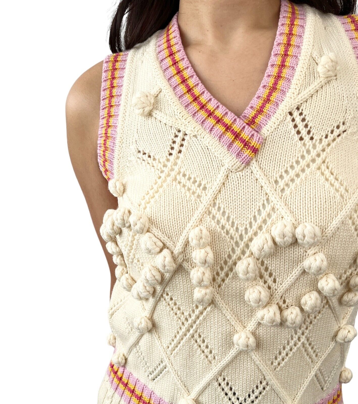 Christian Dior Vintage Logo Pom Pom Knit Vest #36 Cream Wool Tank Top RankAB