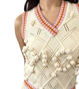 Christian Dior Vintage Logo Pom Pom Knit Vest #36 Cream Wool Tank Top RankAB