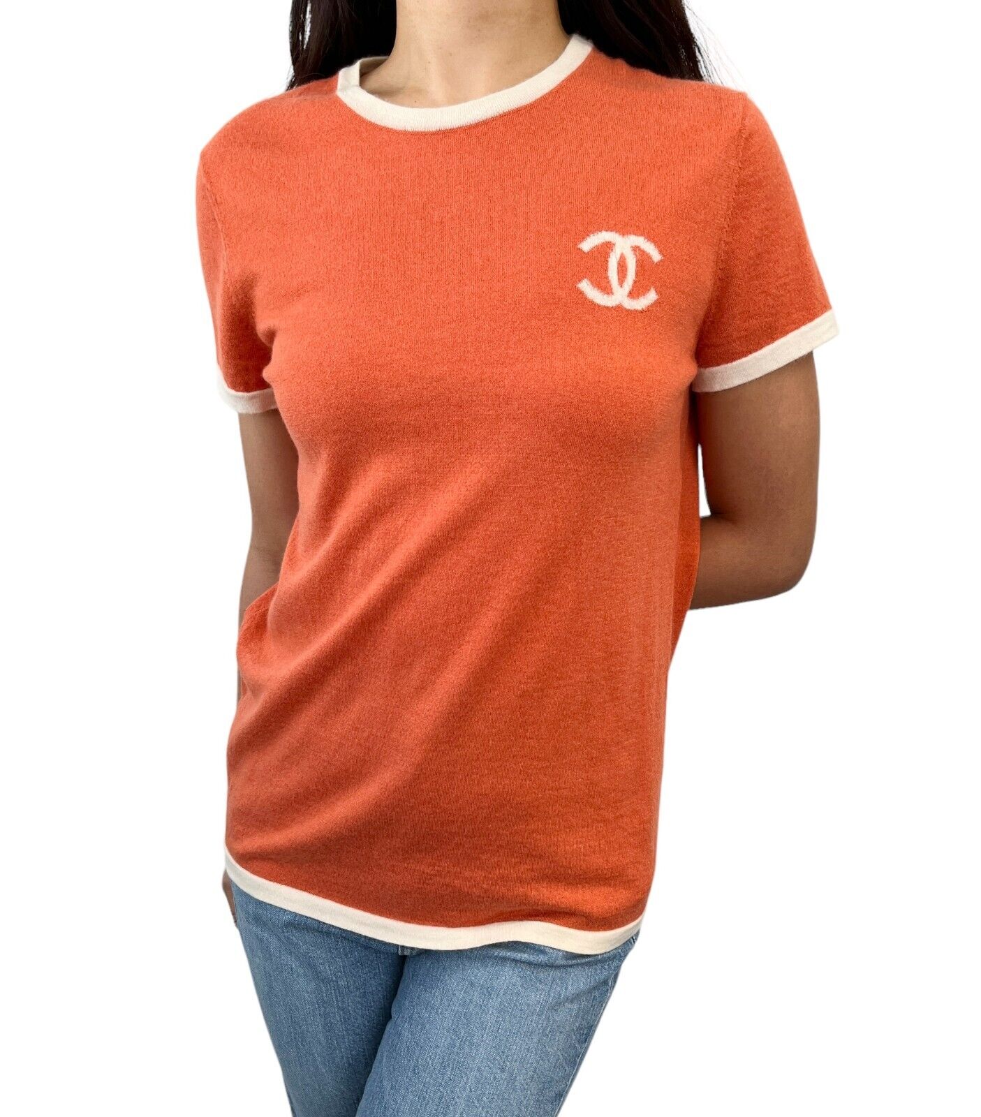 CHANEL Vintage 06C CC Mark Knit Top #40 Orange Cream Cashmere Rank AB+